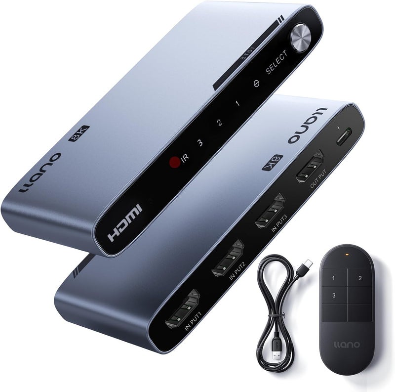 llano HDMI 2.1 Switch 3 in 1 Out, 8K@60Hz with Remote, 4K@120Hz/240Hz, VRR, HDR10+, Dolby Atmos, CEC, 48Gbps,HDMI Switcher for PS5, Xbox, Switch, Roku, Fire Stick, Apple TV, Aluminum Alloy Case - Image 1